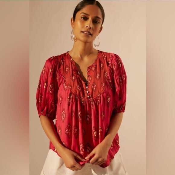 Anthropologie Red & Pink Drapey Henley  Top Size Med - Picture 1 of 11
